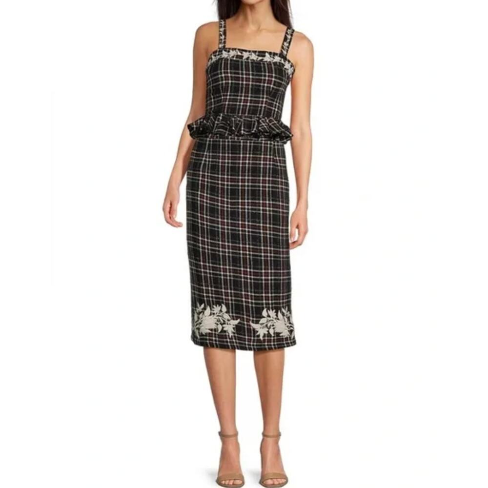 FANM MON Tweed Tartan Plaid Embroidered Square Neck Peplum Top XS NWT